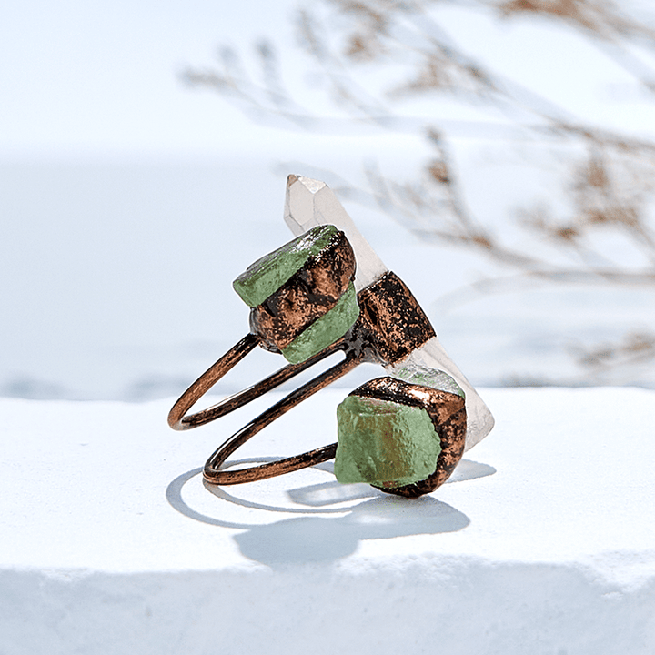 Anello regolabile in quarzo ialino e fluorite verde Olivenorma