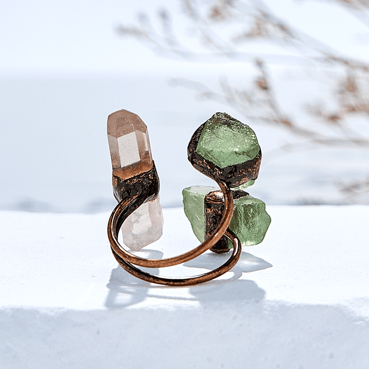 Anello regolabile in quarzo ialino e fluorite verde Olivenorma