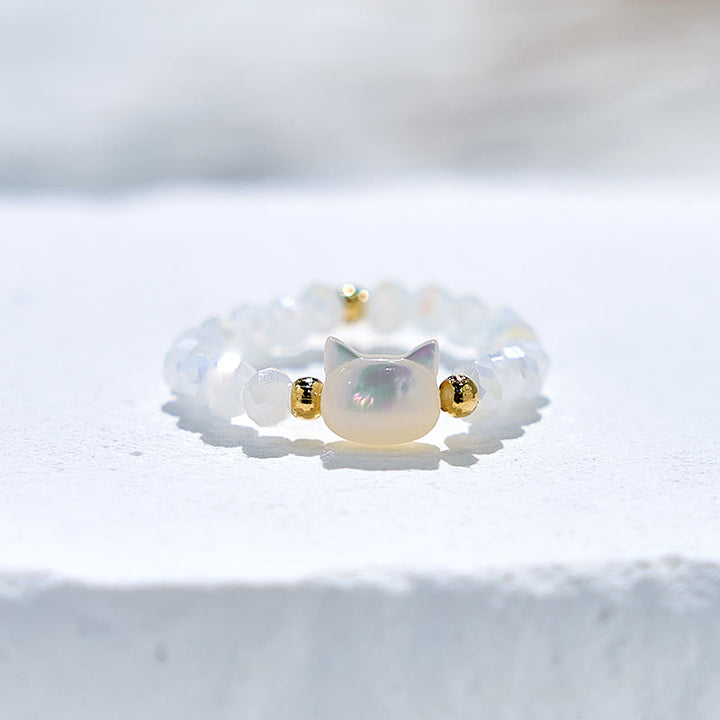 Anello con perline a forma di gattino in cristallo trasparente di ossidiana naturale Olivenorma