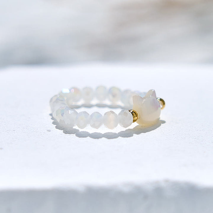 Anello con perline a forma di gattino in cristallo trasparente di ossidiana naturale Olivenorma