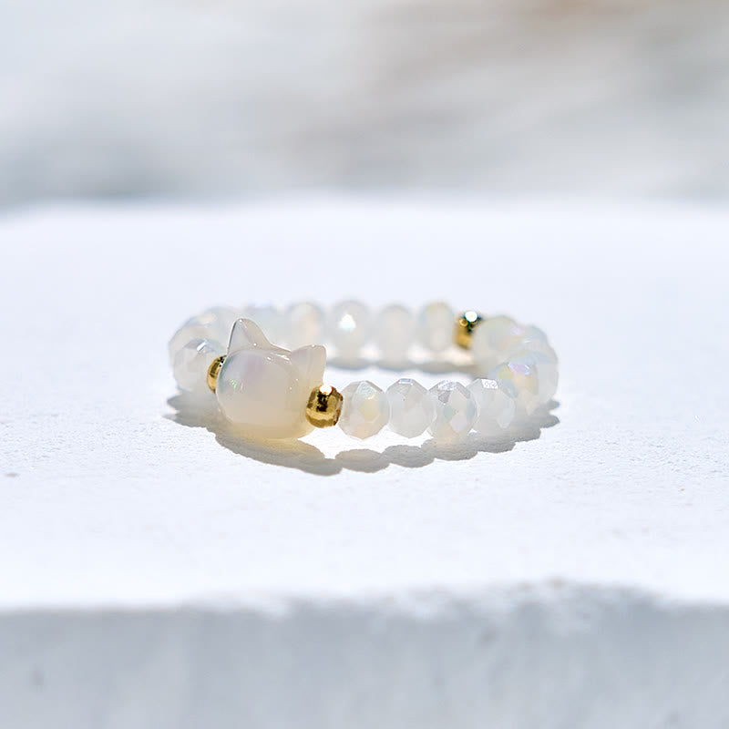 Anello con perline a forma di gattino in cristallo trasparente di ossidiana naturale Olivenorma
