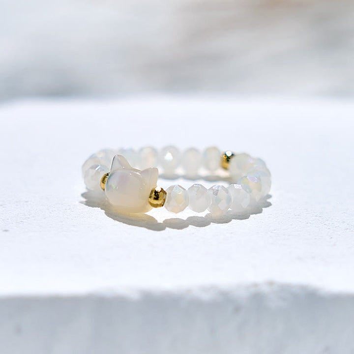 Anello con perline a forma di gattino in cristallo trasparente di ossidiana naturale Olivenorma