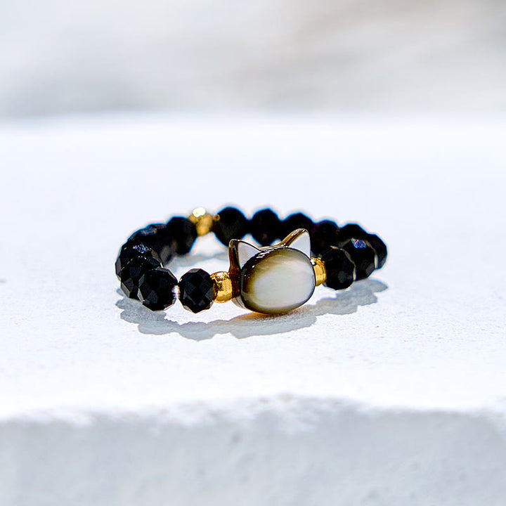 Anello con perline a forma di gattino in cristallo trasparente di ossidiana naturale Olivenorma
