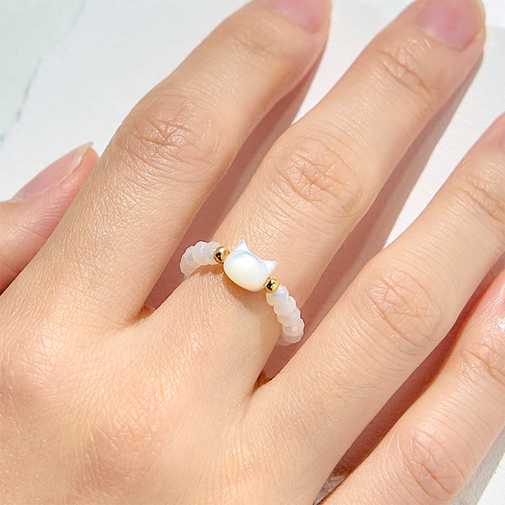 Anello con perline a forma di gattino in cristallo trasparente di ossidiana naturale Olivenorma
