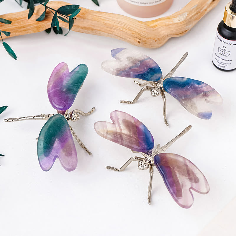 Ornamento di pietra preziosa con libellula e farfalla in fluorite arcobaleno Olivenorma