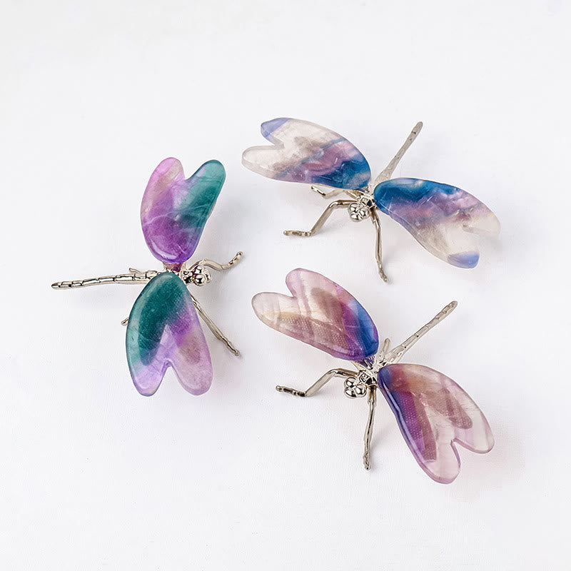 Ornamento di pietra preziosa con libellula e farfalla in fluorite arcobaleno Olivenorma