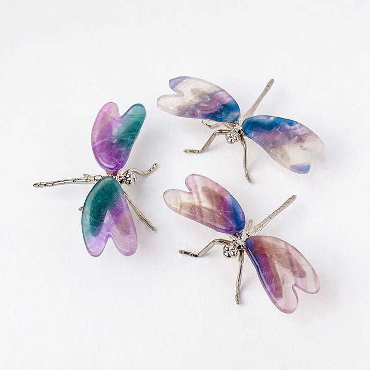 Ornamento di pietra preziosa con libellula e farfalla in fluorite arcobaleno Olivenorma