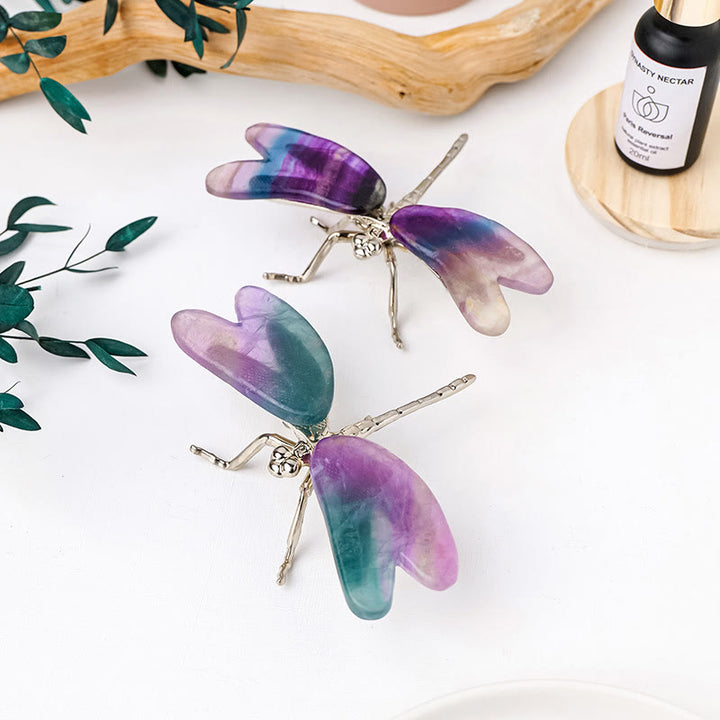 Ornamento di pietra preziosa con libellula e farfalla in fluorite arcobaleno Olivenorma