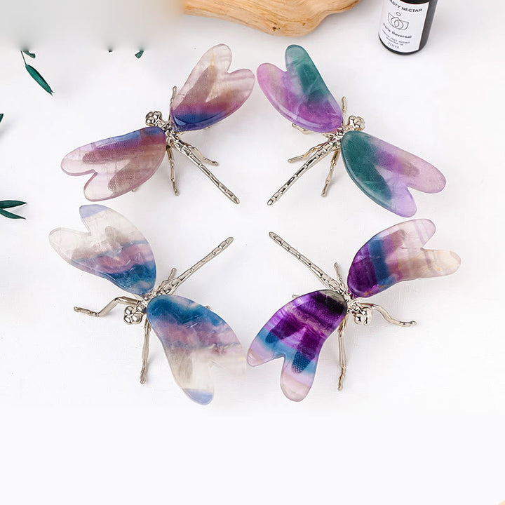 Ornamento di pietra preziosa con libellula e farfalla in fluorite arcobaleno Olivenorma