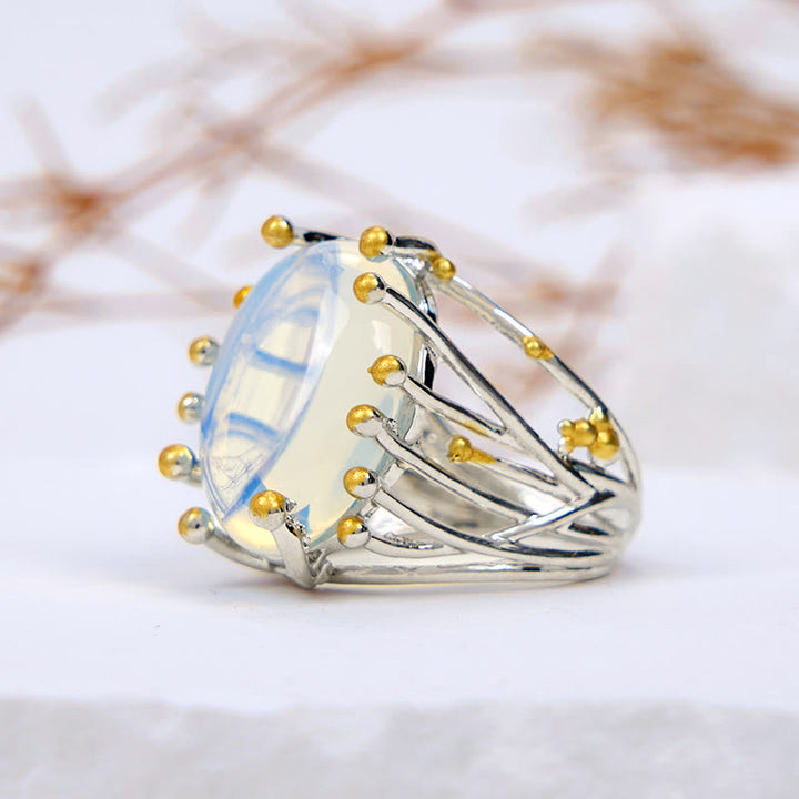 Olivenorma Anello ovale grande a forma di ramo di opalite