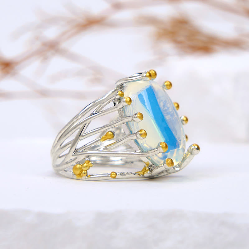 Olivenorma Anello ovale grande a forma di ramo di opalite