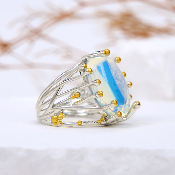Olivenorma Anello ovale grande a forma di ramo di opalite