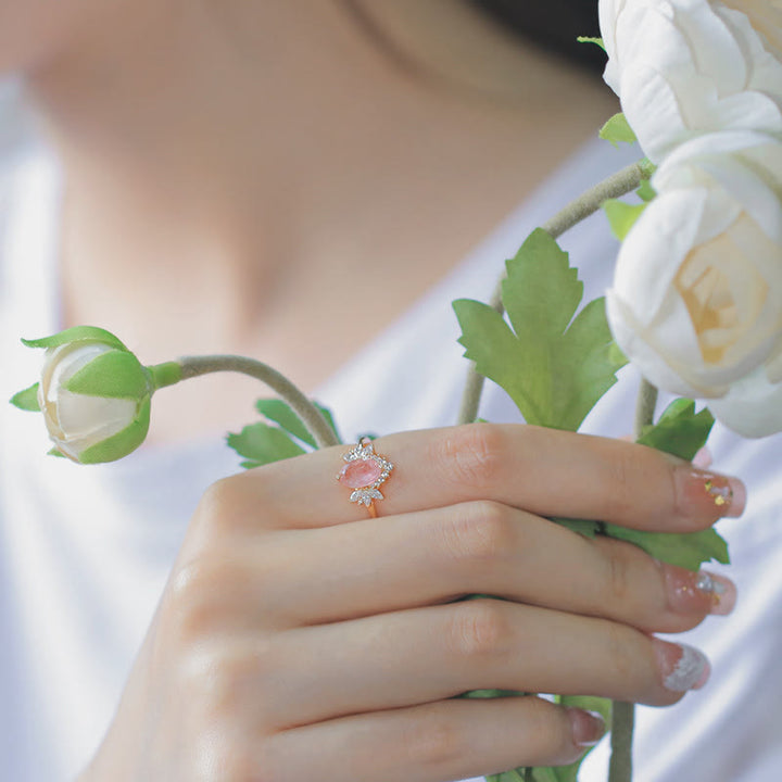 Anello a corona di fiori in quarzo fragola naturale Olivenorma