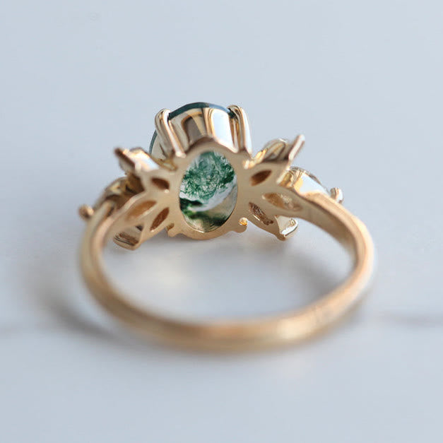 Anello con foglia di zircone in agata muschiata ovale Olivenorma