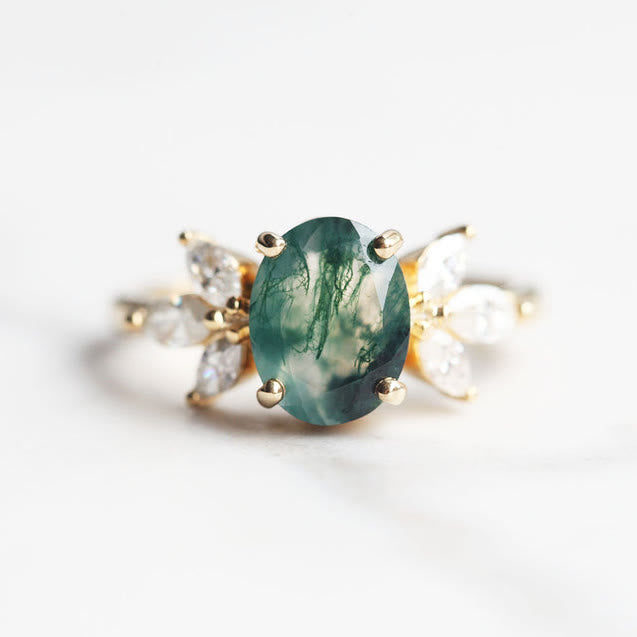 Anello con foglia di zircone in agata muschiata ovale Olivenorma