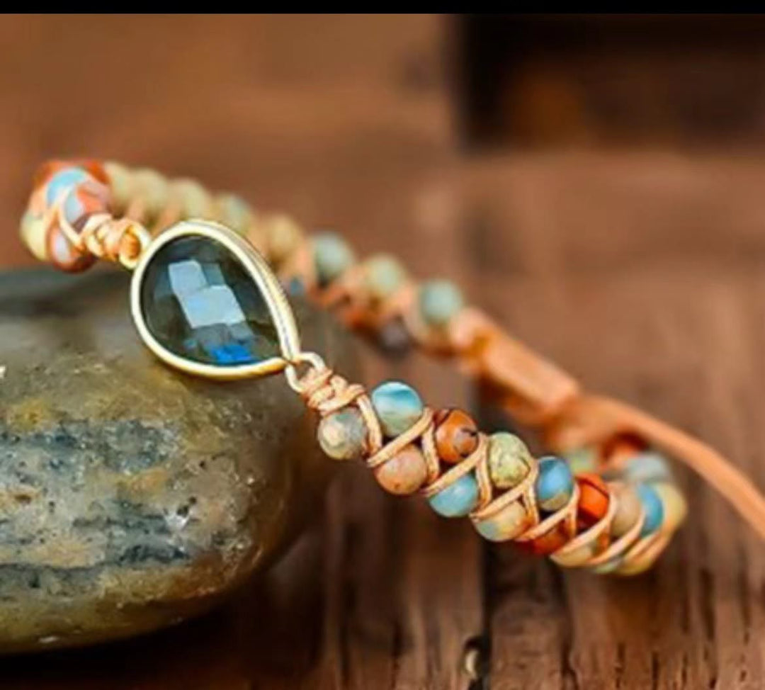 Bracciale intrecciato con ciondolo in cristallo con perline di pietra naturale Olivenorma
