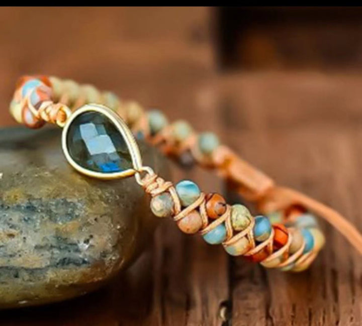 Bracciale intrecciato con ciondolo in cristallo con perline di pietra naturale Olivenorma