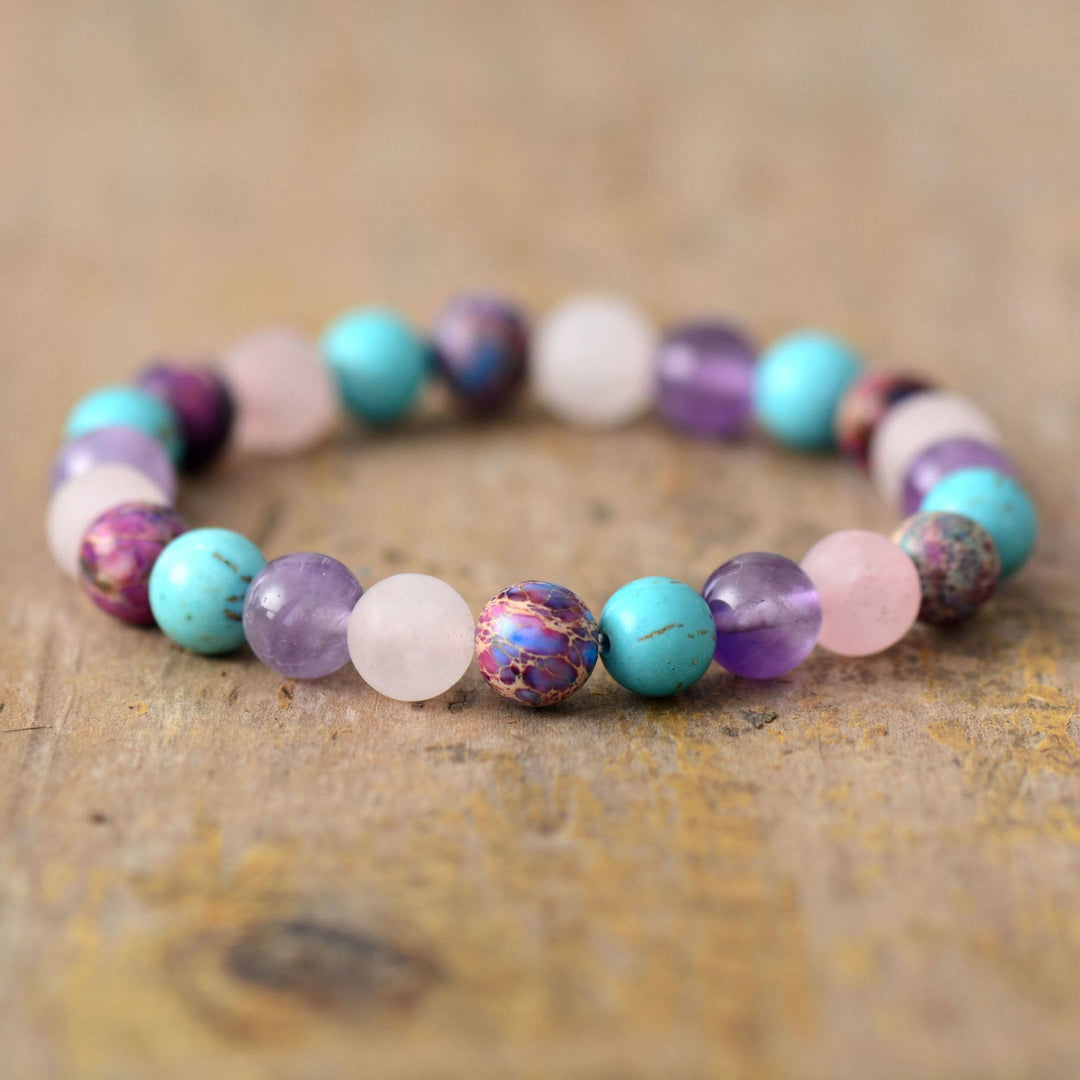 Bracciale Olivenorma con perline di ametista, quarzo rosa e turchese