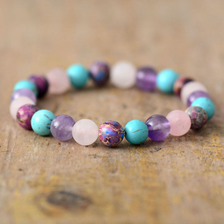 Bracciale Olivenorma con perline di ametista, quarzo rosa e turchese