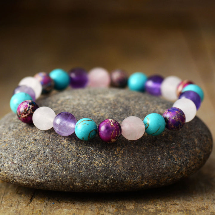 Bracciale Olivenorma con perline di ametista, quarzo rosa e turchese