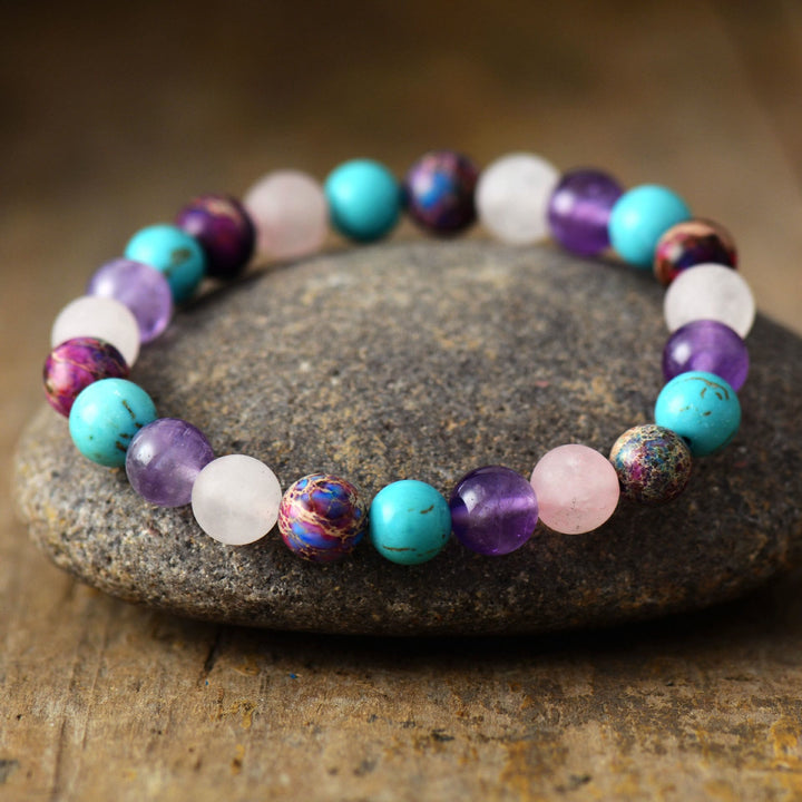 Bracciale Olivenorma con perline di ametista, quarzo rosa e turchese