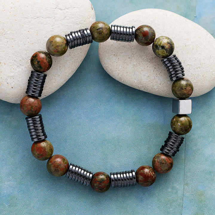 Bracciale Olivenorma da 8 mm con perline di agalmatolite ematite e unakite