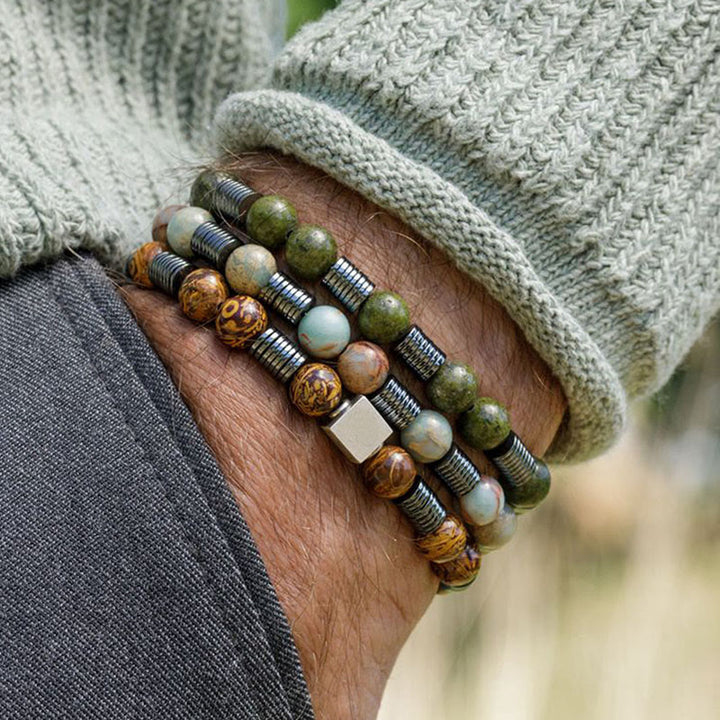Bracciale Olivenorma da 8 mm con perline di agalmatolite ematite e unakite