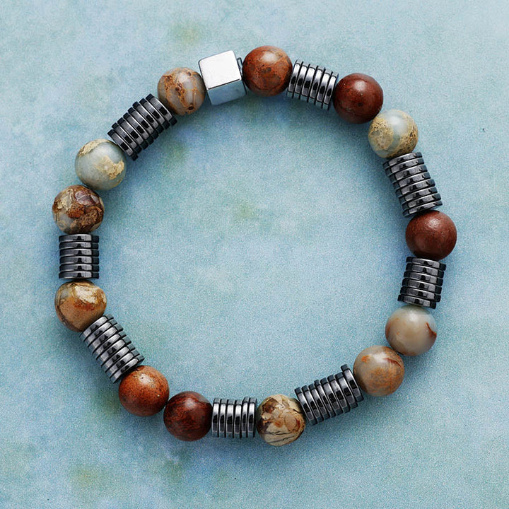 Bracciale Olivenorma da 8 mm con perline di agalmatolite ematite e unakite