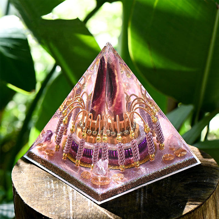 Torre energetica di fluorite arcobaleno Olivenorma Piramide di orgone di lepidolite