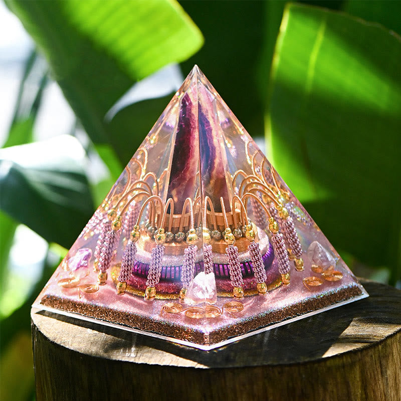 Torre energetica di fluorite arcobaleno Olivenorma Piramide di orgone di lepidolite