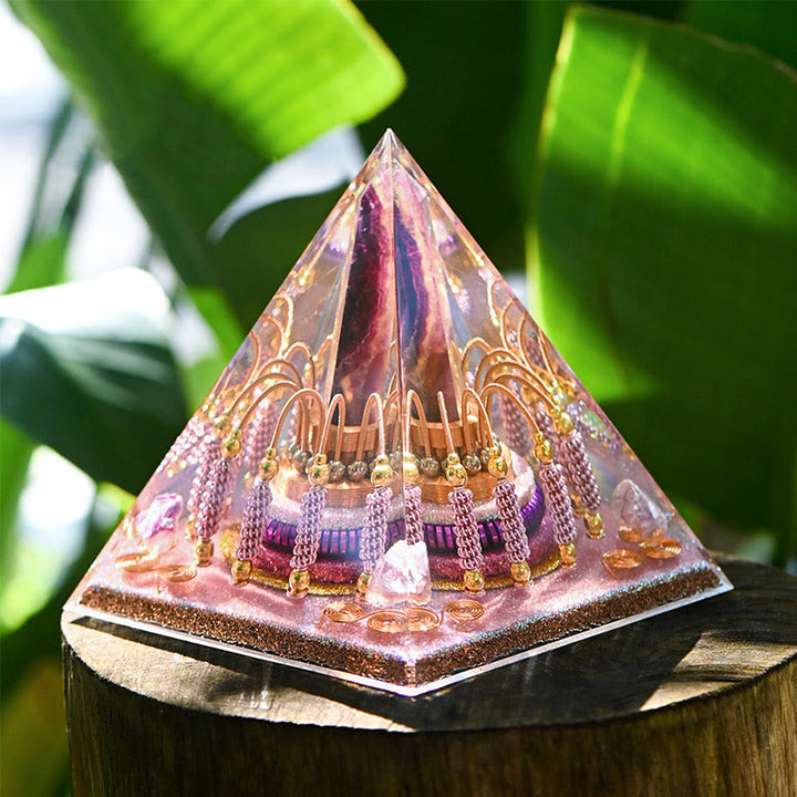 Torre energetica di fluorite arcobaleno Olivenorma Piramide di orgone di lepidolite