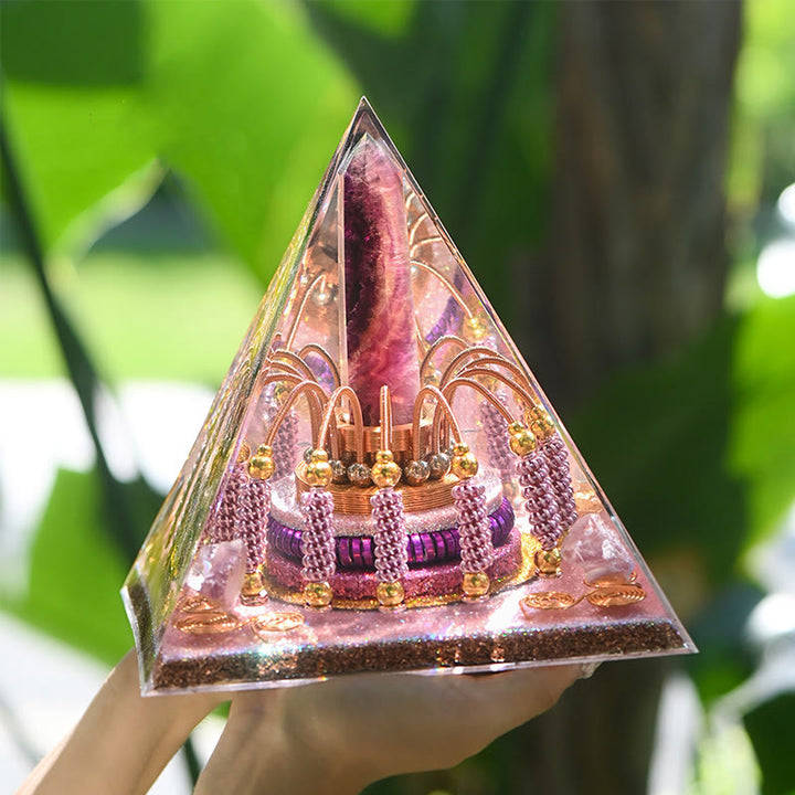 Torre energetica di fluorite arcobaleno Olivenorma Piramide di orgone di lepidolite