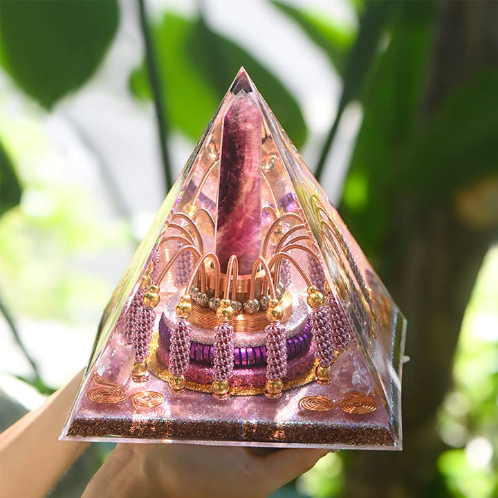Torre energetica di fluorite arcobaleno Olivenorma Piramide di orgone di lepidolite