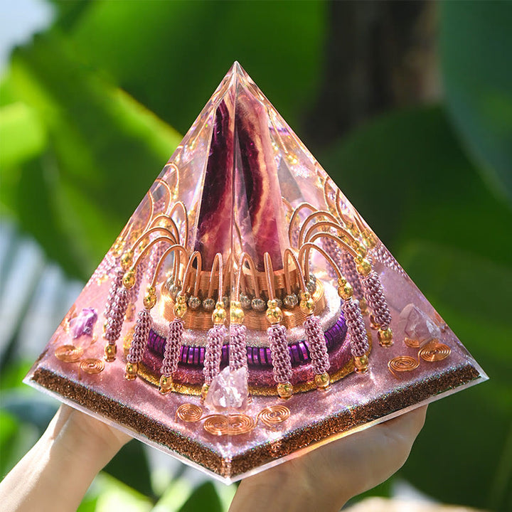 Torre energetica di fluorite arcobaleno Olivenorma Piramide di orgone di lepidolite