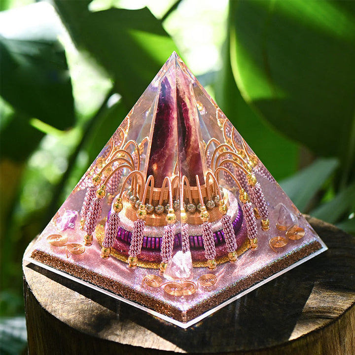 Torre energetica di fluorite arcobaleno Olivenorma Piramide di orgone di lepidolite
