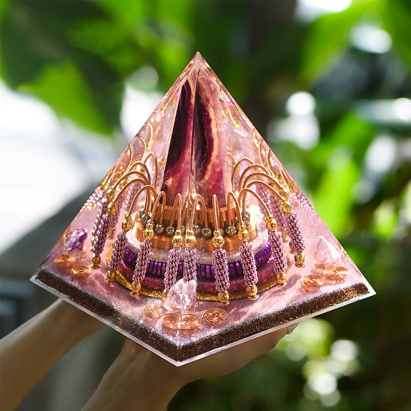 Torre energetica di fluorite arcobaleno Olivenorma Piramide di orgone di lepidolite