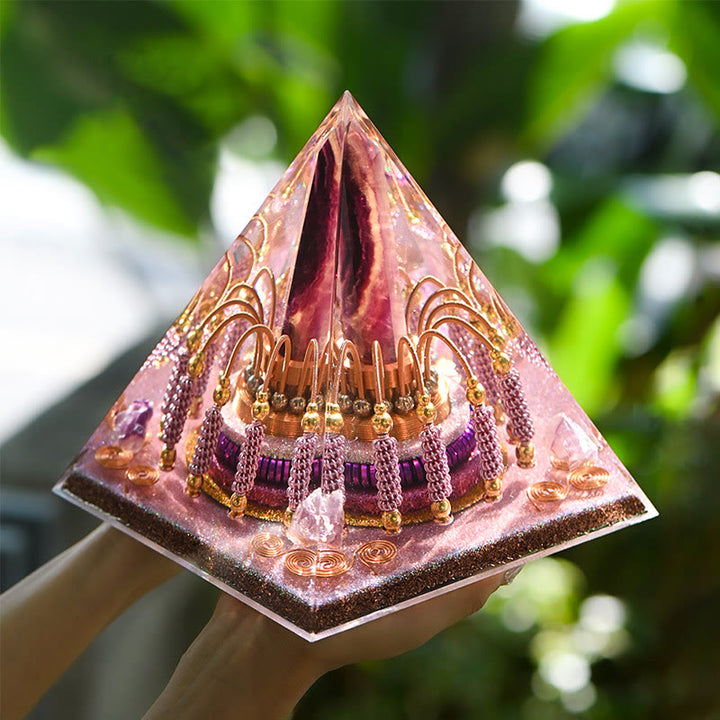 Torre energetica di fluorite arcobaleno Olivenorma Piramide di orgone di lepidolite