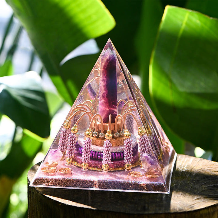 Torre energetica di fluorite arcobaleno Olivenorma Piramide di orgone di lepidolite