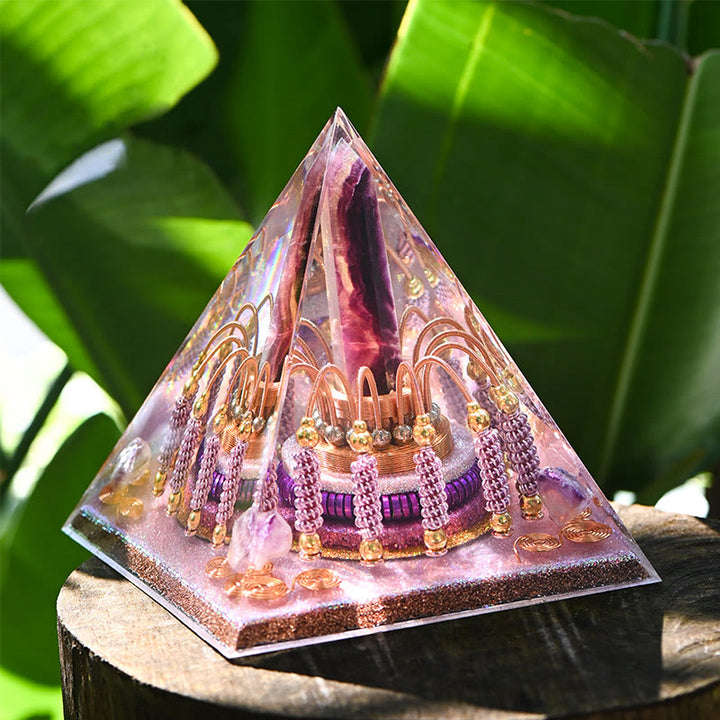 Torre energetica di fluorite arcobaleno Olivenorma Piramide di orgone di lepidolite