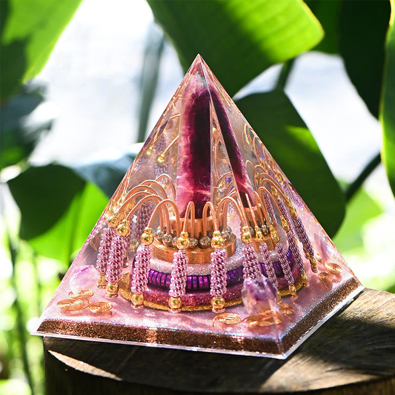 Torre energetica di fluorite arcobaleno Olivenorma Piramide di orgone di lepidolite