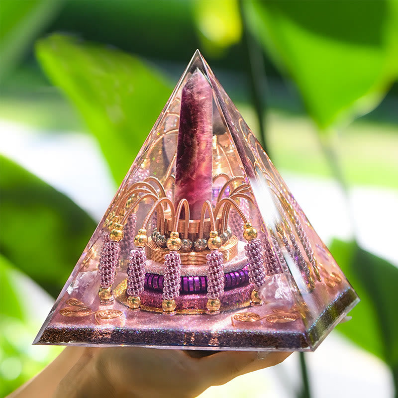 Torre energetica di fluorite arcobaleno Olivenorma Piramide di orgone di lepidolite