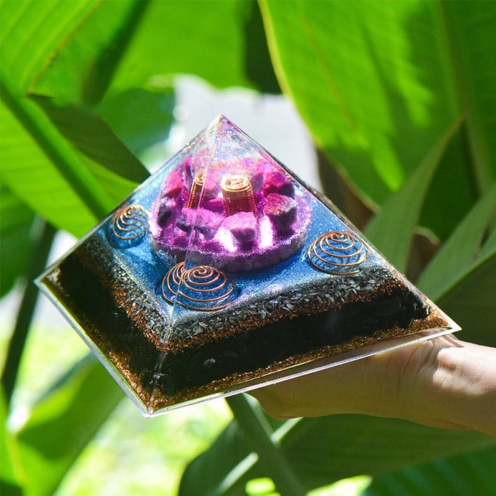 Olivenorma "Sette Stelle" Ametista Charoite Ossidiana Piramide Orgonica