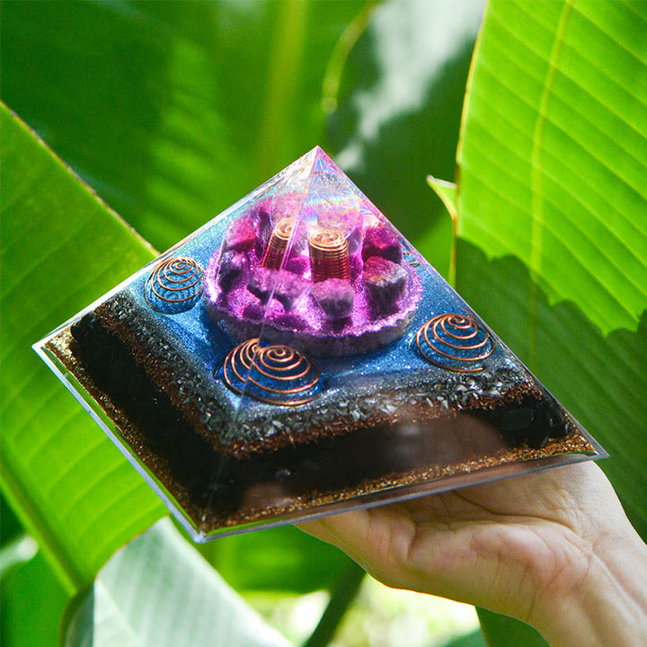 Olivenorma "Sette Stelle" Ametista Charoite Ossidiana Piramide Orgonica