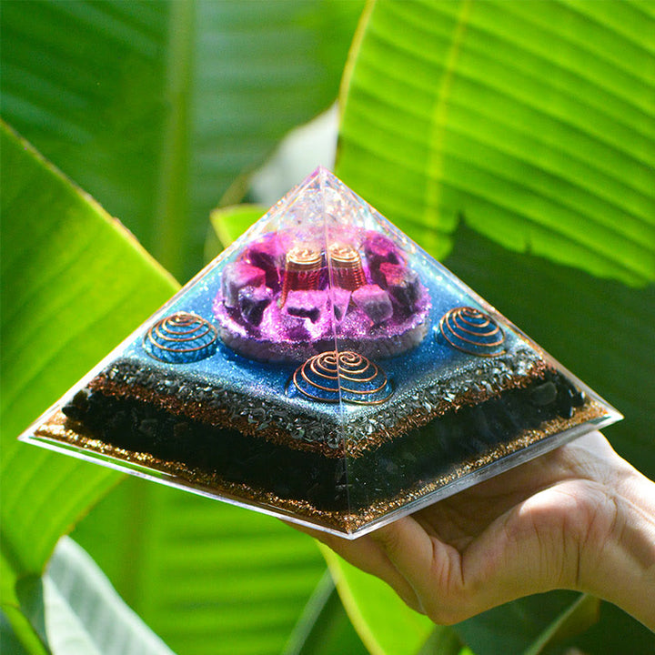 Olivenorma "Sette Stelle" Ametista Charoite Ossidiana Piramide Orgonica