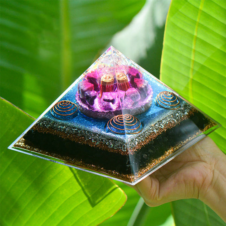 Olivenorma "Sette Stelle" Ametista Charoite Ossidiana Piramide Orgonica