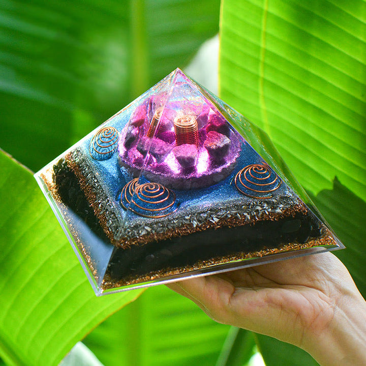 Olivenorma "Sette Stelle" Ametista Charoite Ossidiana Piramide Orgonica