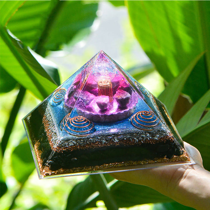 Olivenorma "Sette Stelle" Ametista Charoite Ossidiana Piramide Orgonica