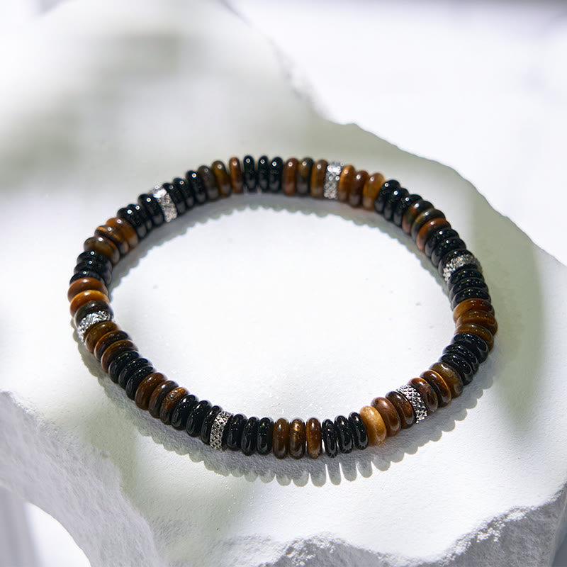 Braccialetto con perline a rullo in occhio di tigre e onice nero Olivenorma