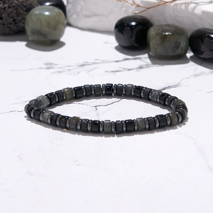 Braccialetto con perline a rullo in pietra lavica, ematite e labradorite Olivenorma