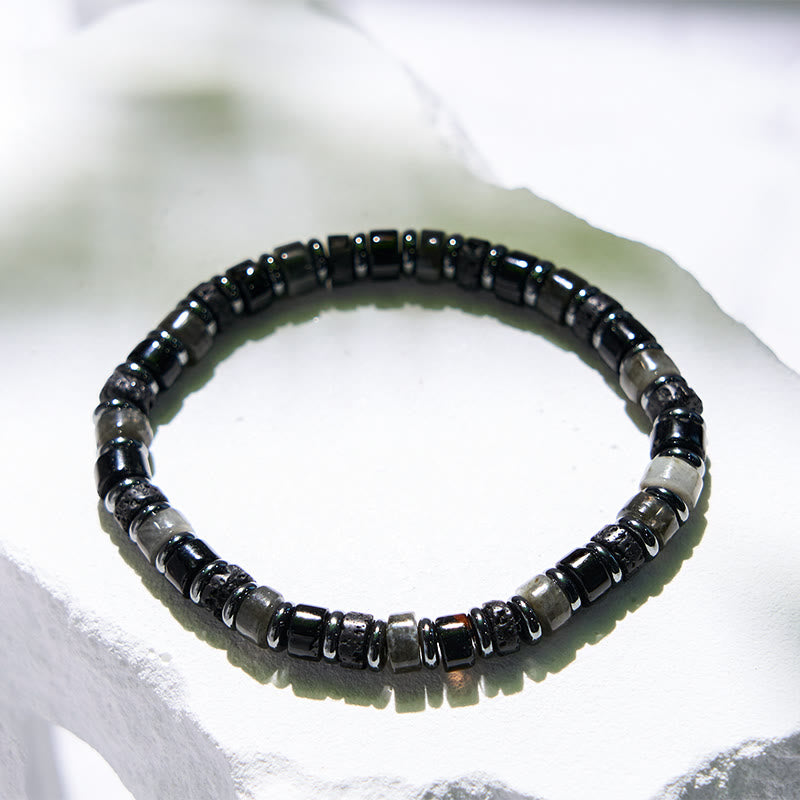 Braccialetto con perline a rullo in pietra lavica, ematite e labradorite Olivenorma